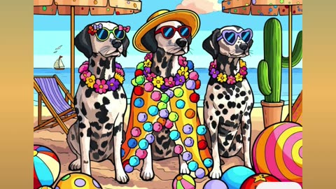 Three Stylish Dalmatians Enjoying a Colorful Day at the Beach