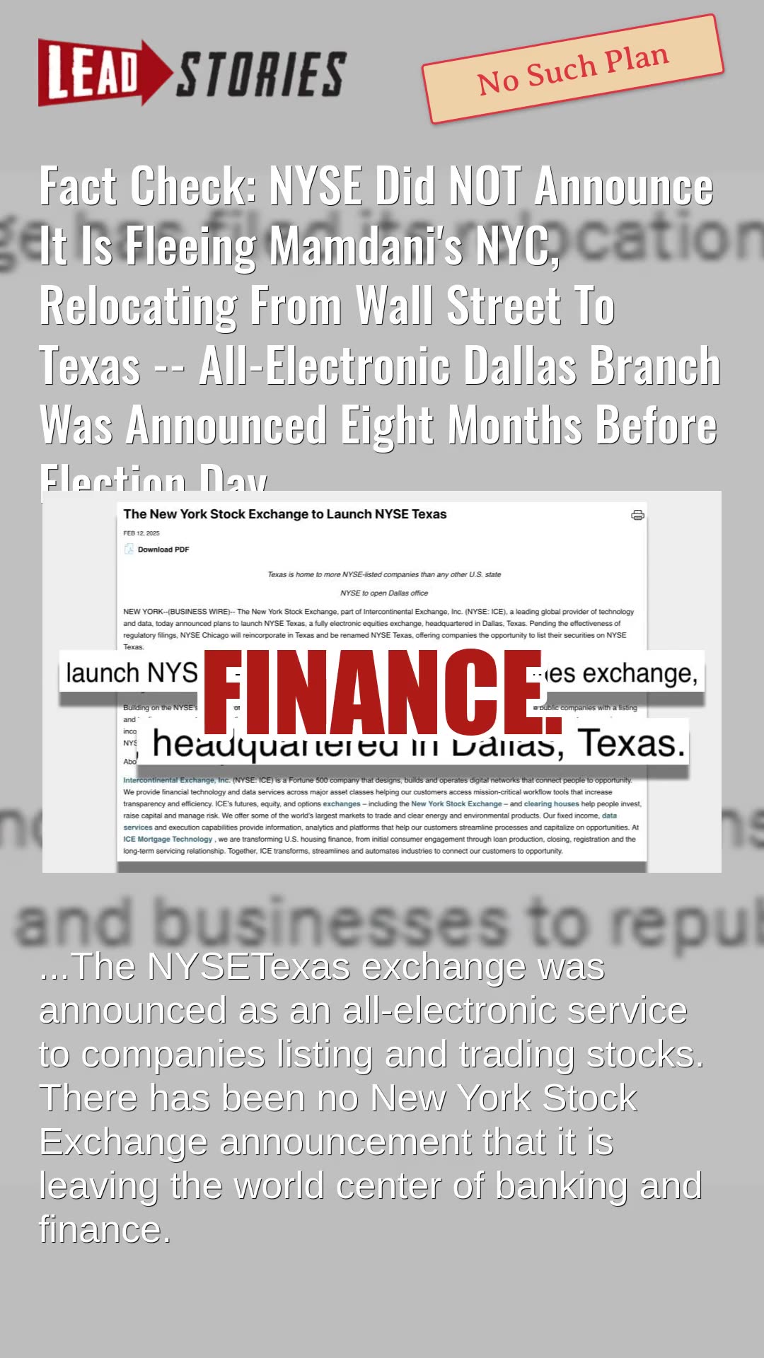 Fact Check: NYSE Did NOT Announce It Is Fleeing Mamdanis NYC, Relocating From Wall Street To Texas