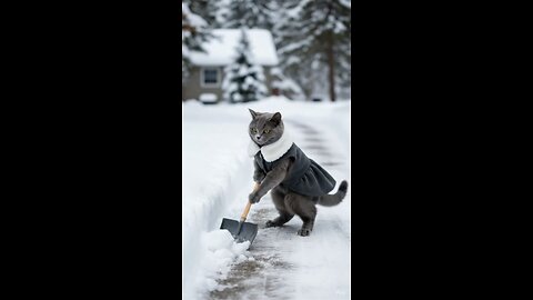 Girl cat clears snow