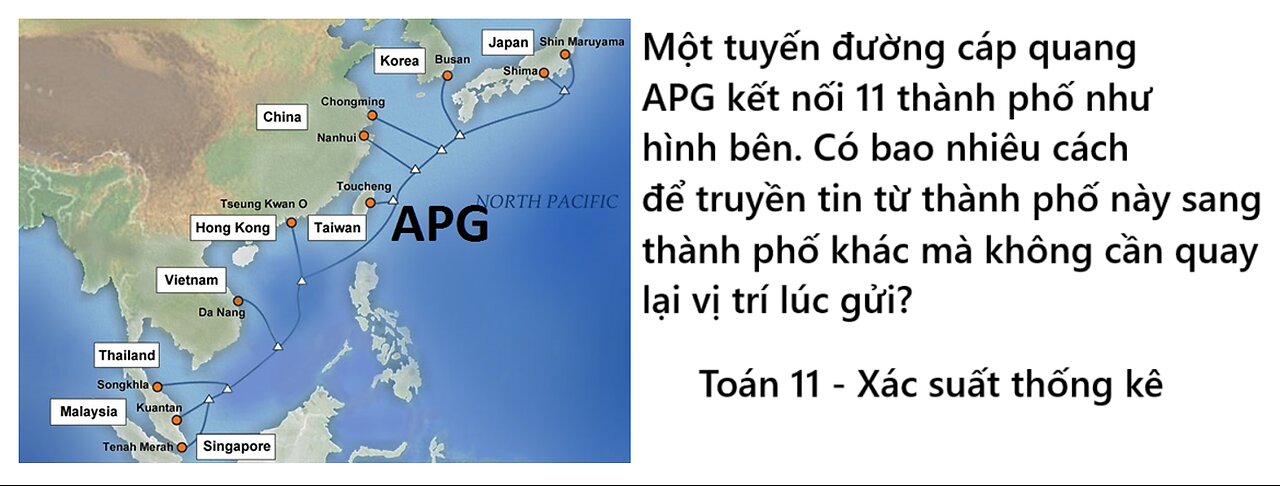 Toán 11: Một tuyến đường cáp quang APG kết nối 11 thành phố như hình bên. Có bao nhiêu cách truyền