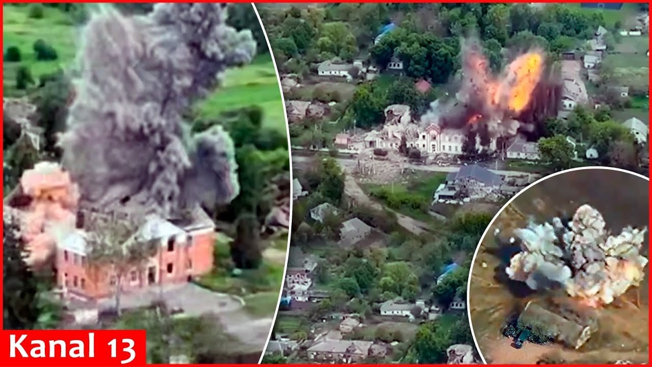 Image of a strike on buildings and headquarters where Putin's army and equipment are gathered