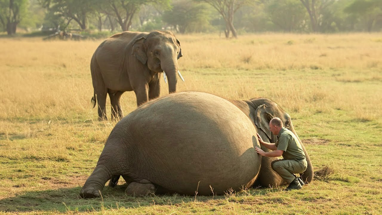 Rare pregnant female elephant gives birth to special baby elephant minutes later