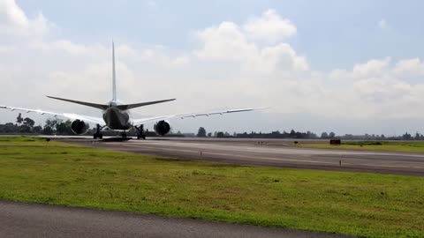 The newest Boeing 777X takes off at Toluca de Lerdo Airport, Mexico.