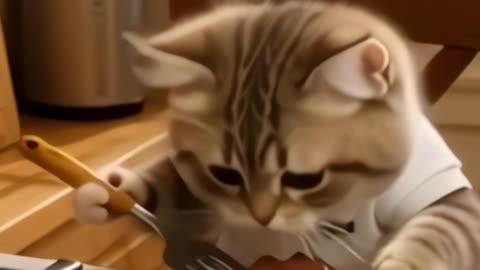 A cute cat is cooking dinner and resting after a hard day. AI