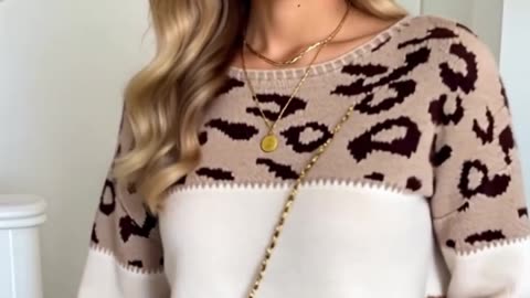 Striped Jumper with Leopard Print, White, and Brown Color Blocking