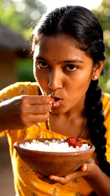 girl in a village is eating rice. coconut sambol in her hand.