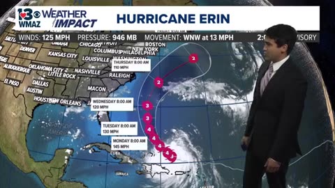 Hurricane Erin remains as a Category 3 storm, expected to restrengthen slightly tonight