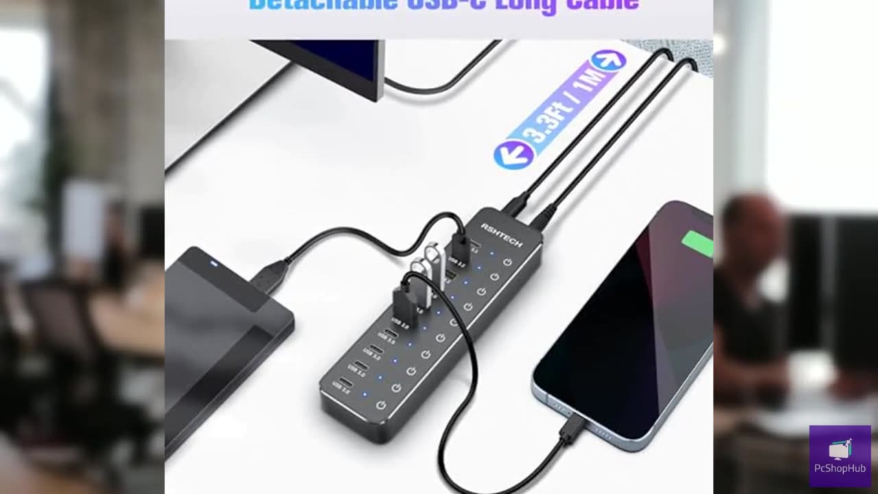 RSHTECH 10 Ports Powered USB 3.2/USB C Hub Splitter 60W with 3 x 10Gbps USB 3.2