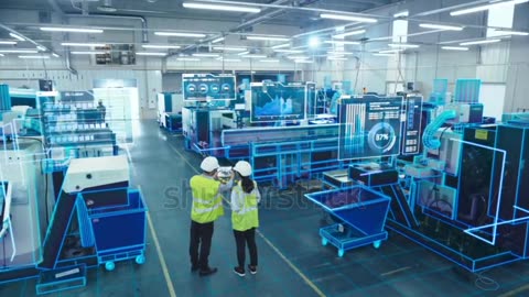 Two Engineers in Safety Vests Use a Tablet to Interact With Holographic Data.