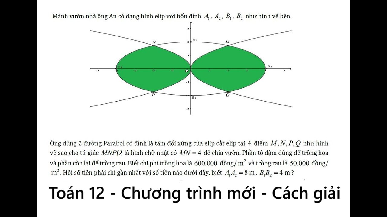 Toán 12: Mảnh vườn nhà ông An có dạng hình elip với bốn đỉnh A1, A2,, B1, B2, như hình vẽ bên.