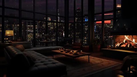{24 HOURS evening livingroom view raining&fireplace night relax after a stressing day