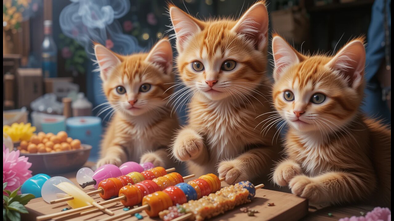 Ginger Mom Cat Makes Skewers to Sell at Night Market, Buys Electric Mouse Toys–Kittens Have a Blast!