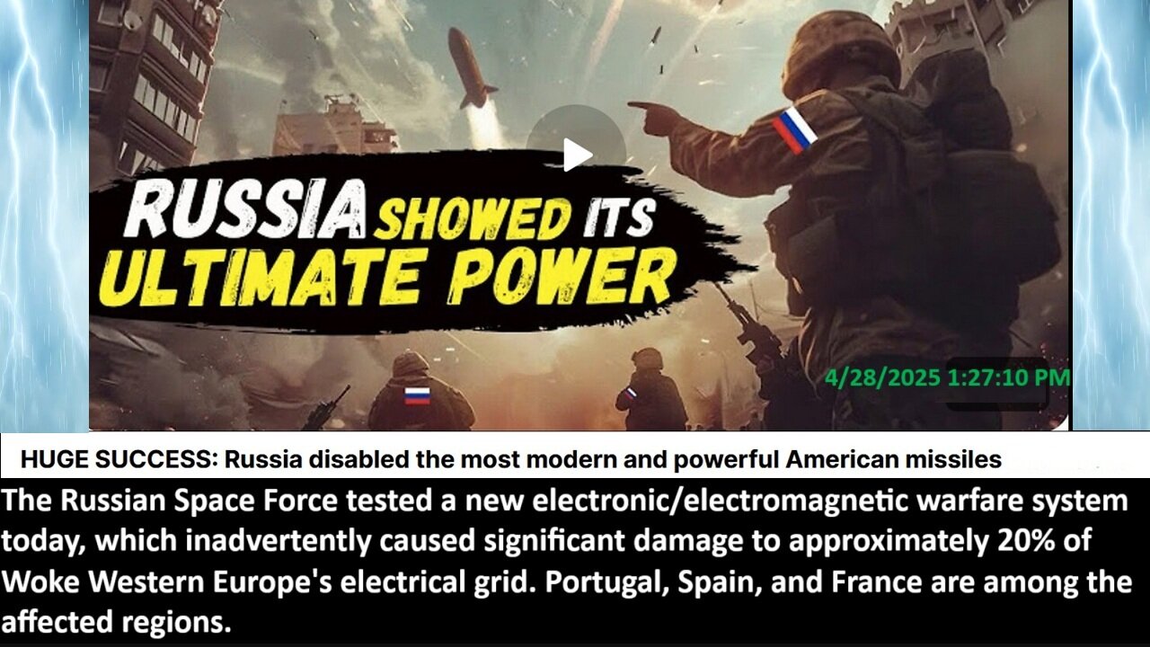 OOPS: The Russian Space Force tested a new electronic/electromagnetic warfare system today, which inadvertently caused significant damage to approximately 20% of Western Europe's electrical grid.