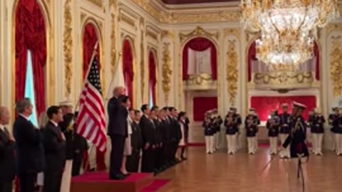 President Trump attends welcome ceremony at Japan's Akasaka Palace.