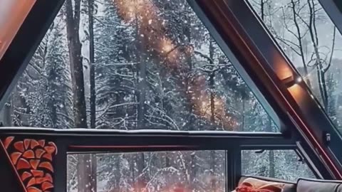 Stylish Winter Resort Interior with Triangular Window.