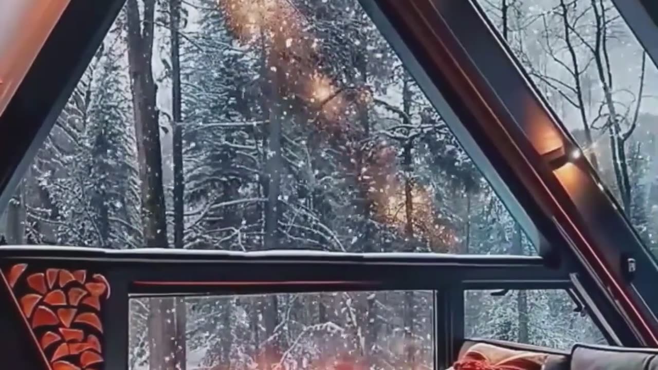 Stylish Winter Resort Interior with Triangular Window.