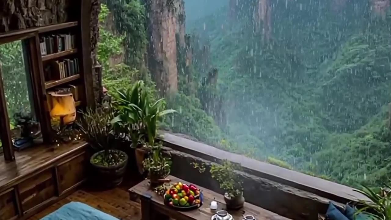 Rustic Cave Resort Bedroom with Misty Mountain.