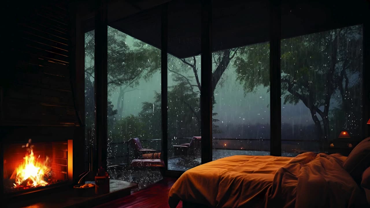 BEST RAIN on forest at night to sleep well | Goodbye insomnia with Heavy Rain & Fireplace Sounds