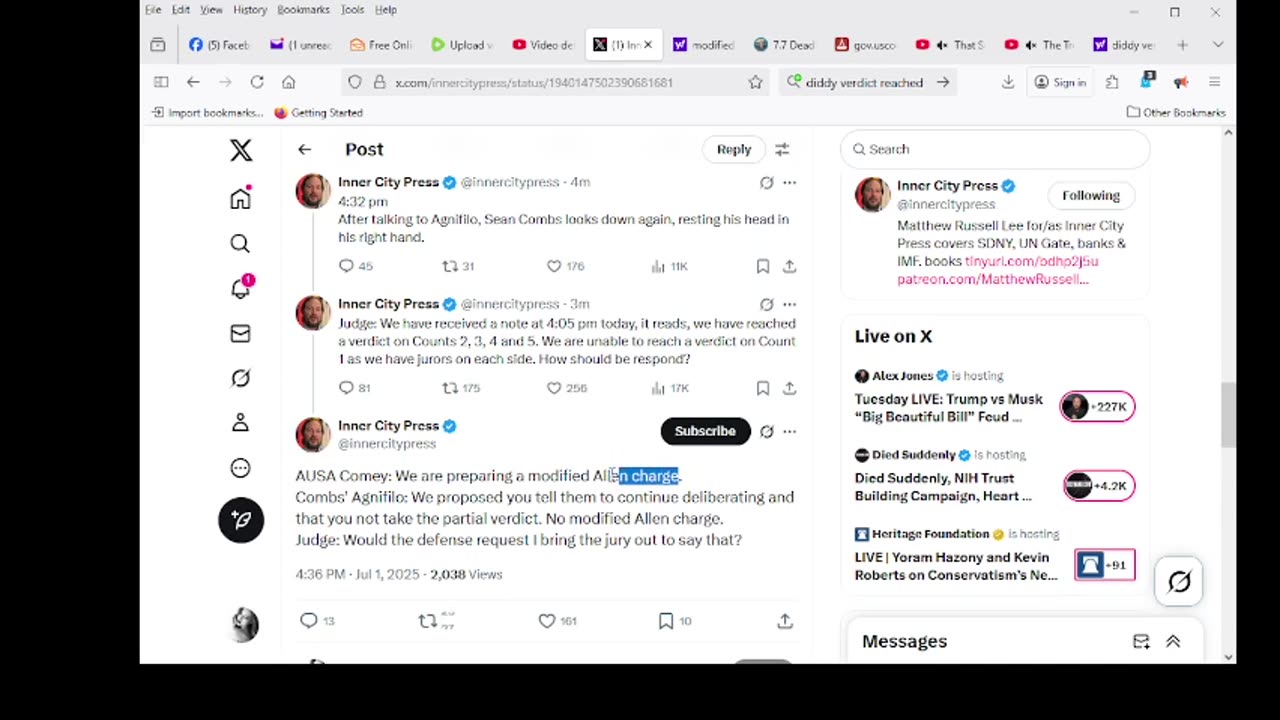 diddy reached a verdict on Counts 2, 3, 4 and 5. We are unable to reach a verdict on Count 1