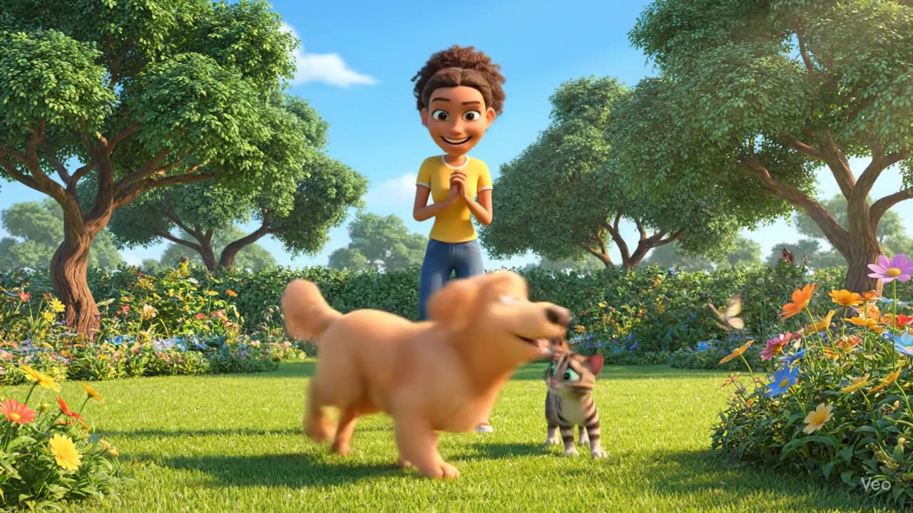 Fun in the Garden: Girl, Dog, and Cat Enjoy Playtime Together