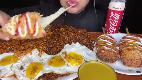 ASMR_CHEESY_CORN_DOG__RECIPE_EATING_SPICY_NOODLES,BLACKBEAN_NOODLES,FRIED_EGGS__FOOD_EATING_