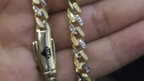 10K Gold Greek Tribal Cuban Bracelet With White Gold Diamond Cuts Chain