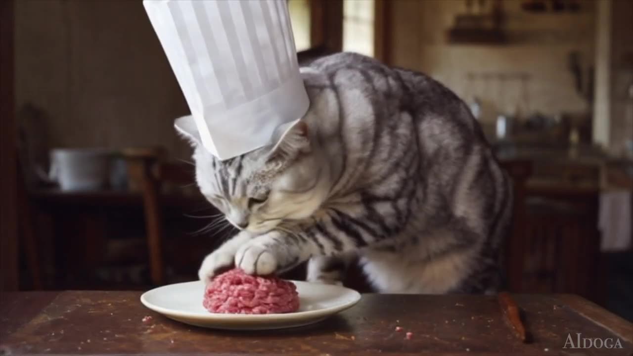 A Funny Cat Chef Makes Burgers and Fries. #cat, #cookingcat, #kittychef