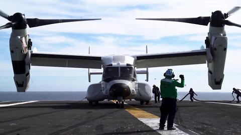 First Navy CMV 22B Osprey Refueling and Landing Aboard an Aircraft Carrier