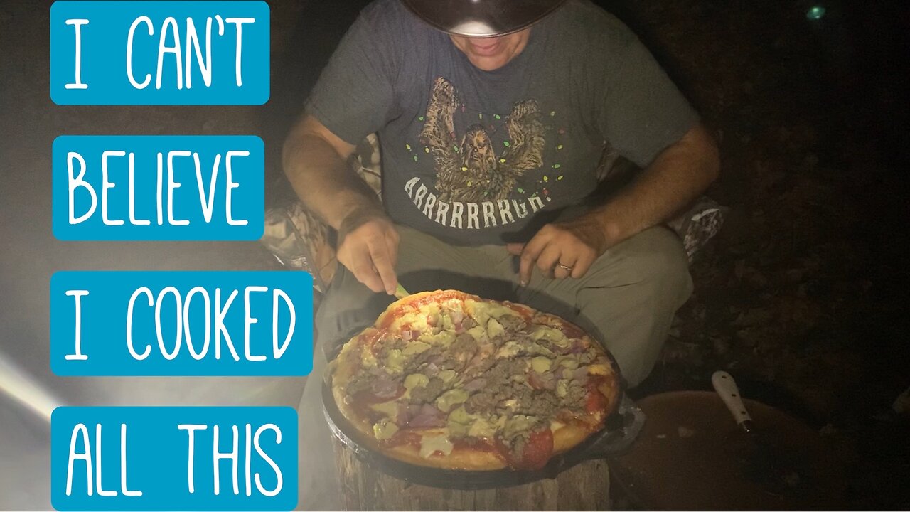 Huge pizza and killer dessert cooked in the woods.