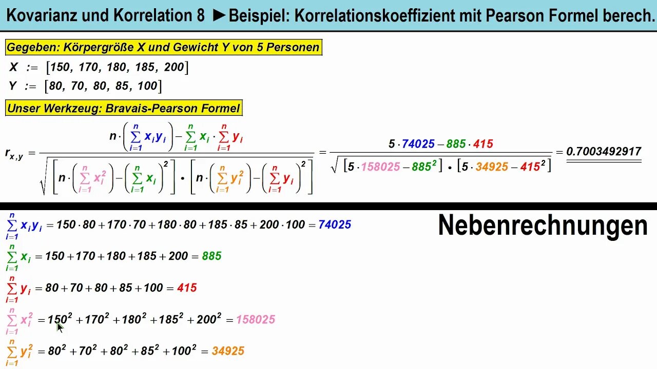 Kovarianz und Korrelation 8 ► Beispiel zur Bravais-Pearson-Formel