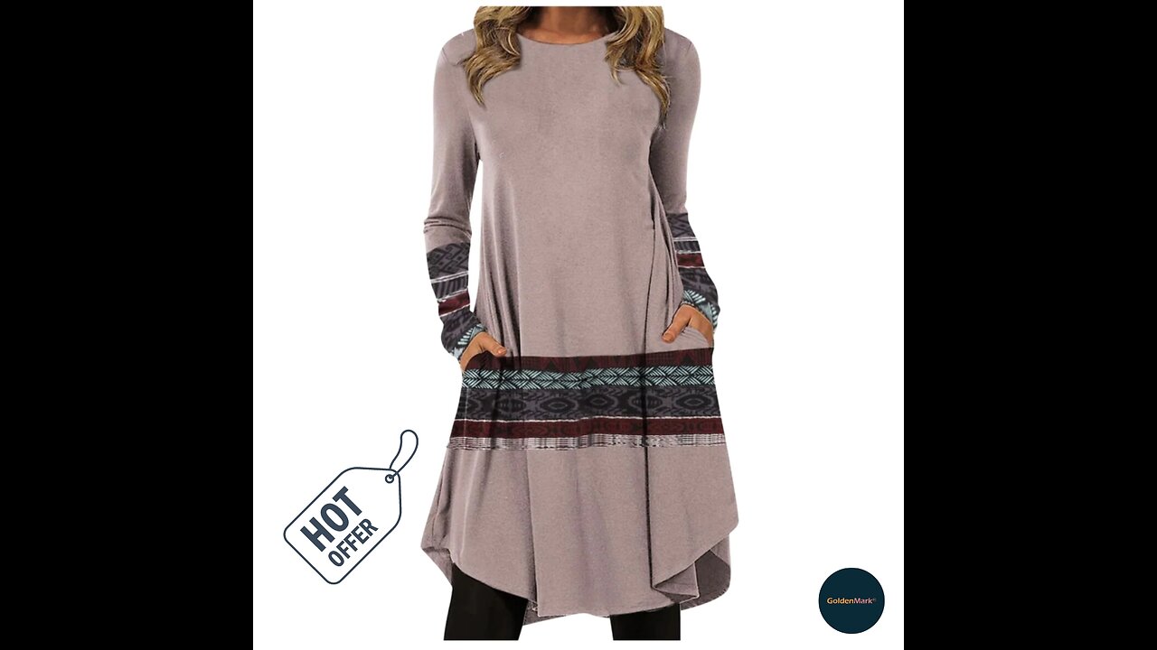 Winter Fall Womens Dresses Casual Boho Print Long Sleeve Round Neck Pullover Loose Pocket Dress