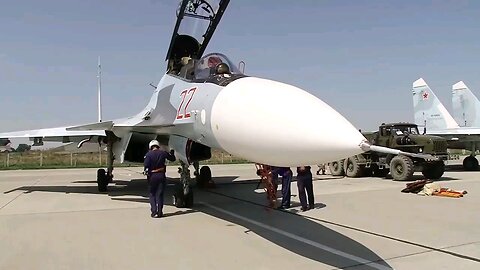 Russian Sukhoi Su-30SM fighter jet crews conducted air-to-air missile launches at simulated air...