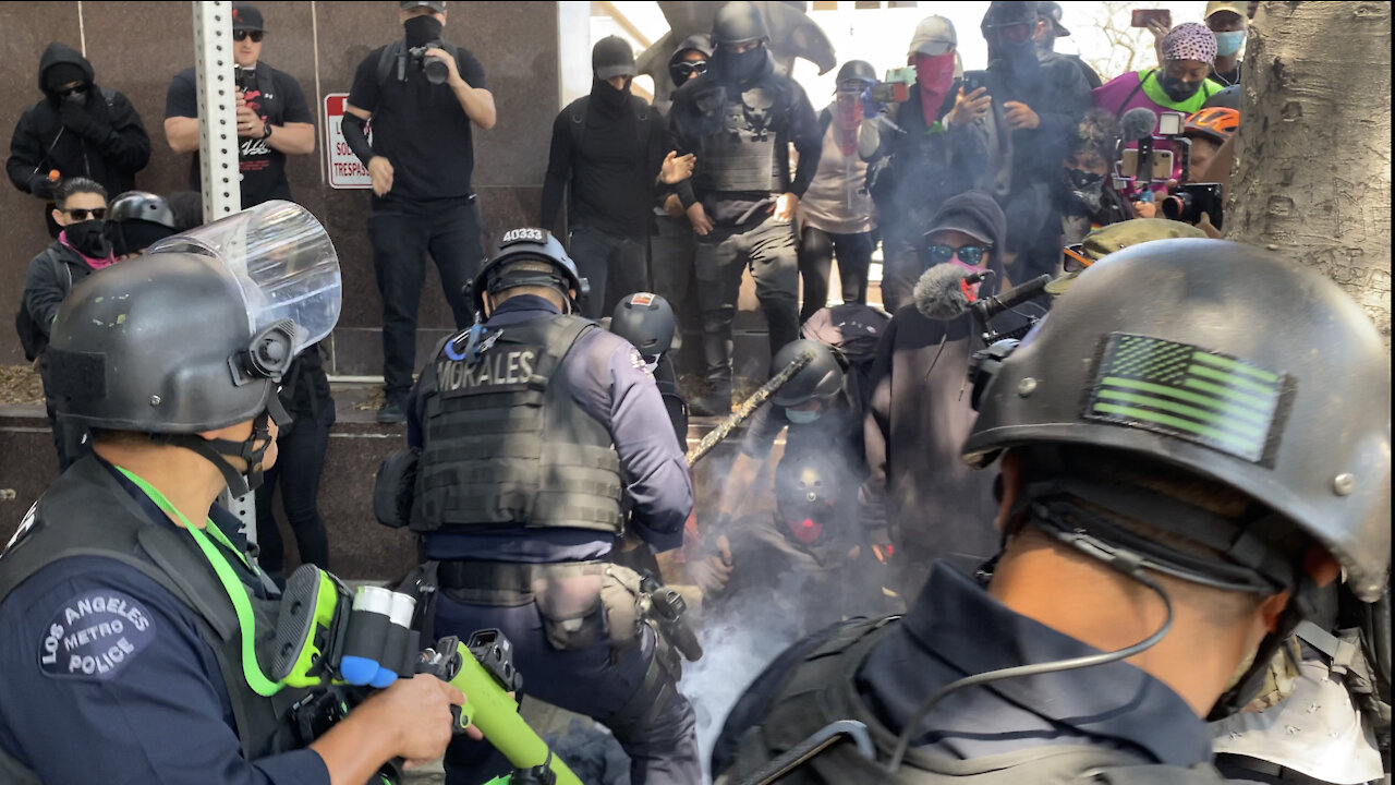 Wi Spa Protest 2 - LAPD Clash with Antifa as Opposing Groups Face Off in Los Angeles