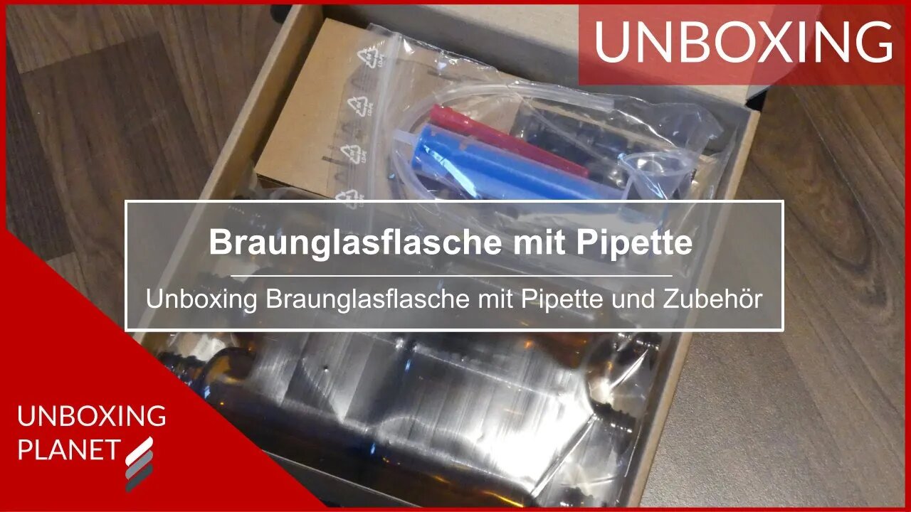 Braunglasflaschen mit Pipetten und Zubehör - Unboxing Planet