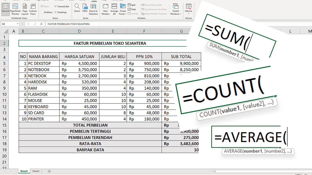 Menggunakan Rumus SUM COUNT AVERAGE pada microsoft Excel