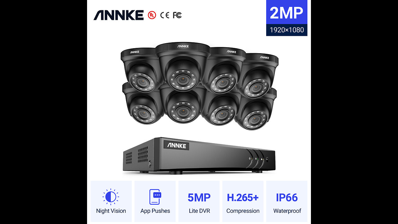 ANNKE CCTV Camera Systems 8 Channel 5MP Lite H.265+ DVR with 1 TB HDD and (8) HD 1920TVL 1080p...