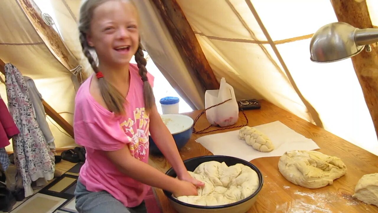 Making challah for Shabbat in the tipi