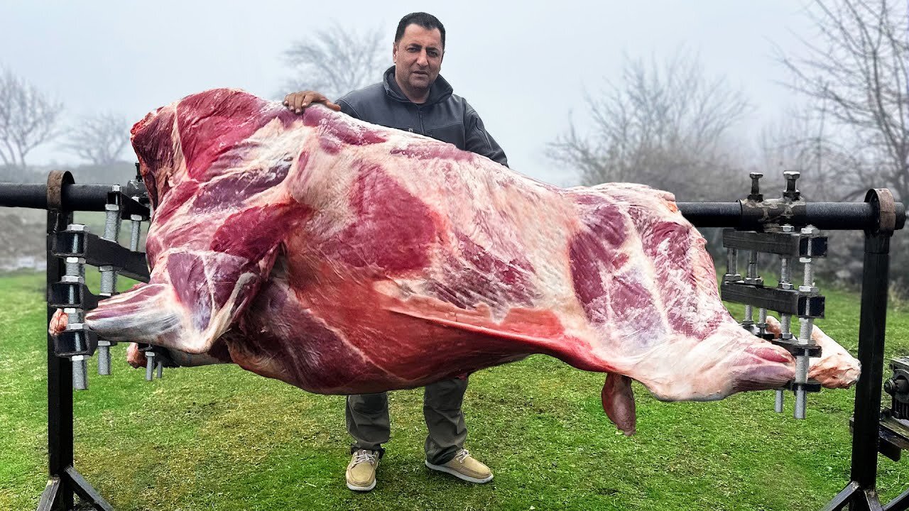 Roasting a Huge Bull on a Steel Spit! The Best Meat I've Tasted #food #beef