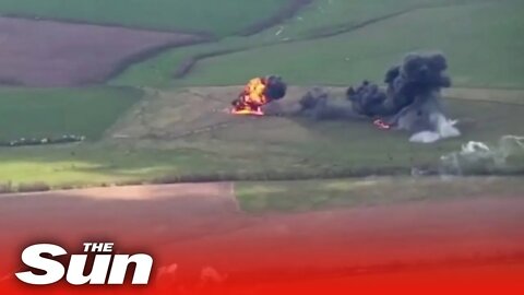 Drone footage shows aftermath of Ukraine helicopter strike