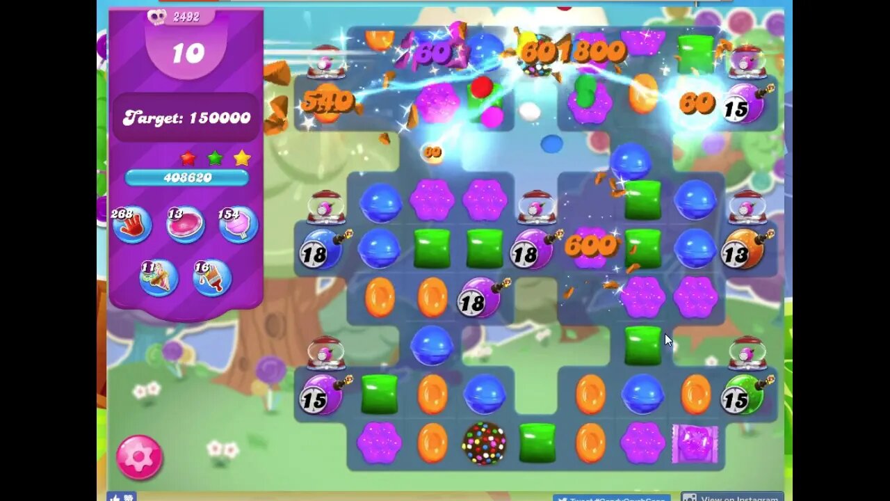 Candy Crush Level 2492 Audio Talkthrough, 3 Stars 0 Boosters