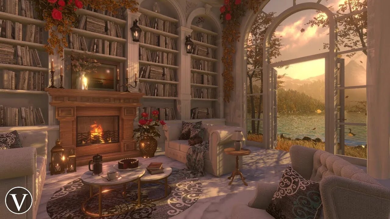 Autumn Library | Sunset Ambience | Fireplace, Lake & Forest Nature Sounds