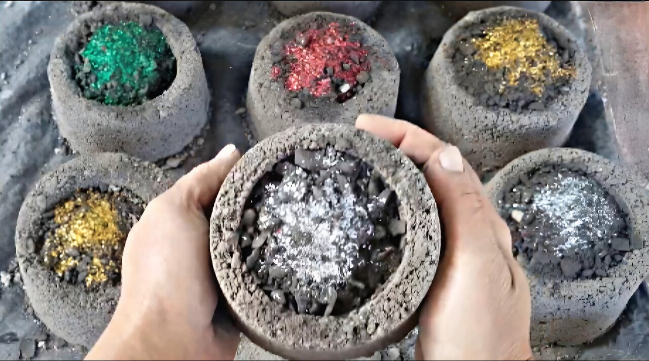 Charcoal bowls filled with glitter crumbling on floor