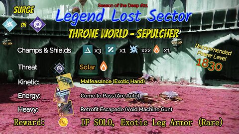 Destiny 2 Legend Lost Sector: Throne World - Sepulcher on my Arc Hunter 6-29-23