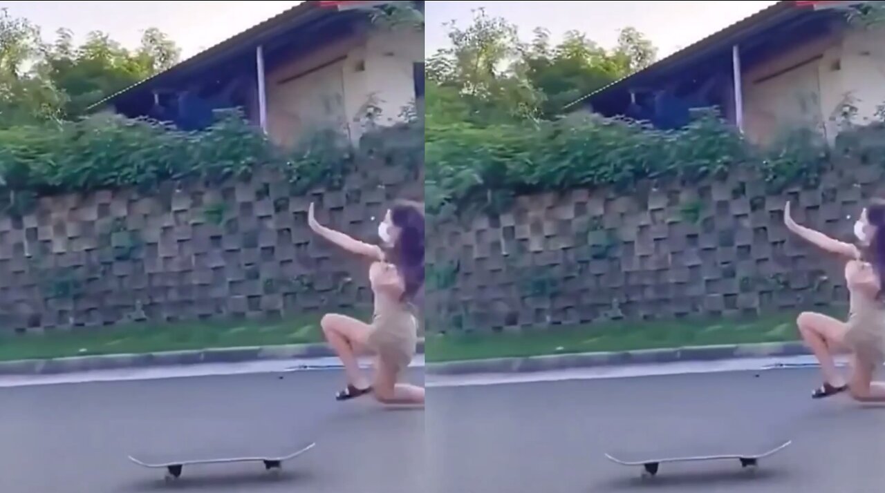 The funny moment of a beautiful woman skating on a skateboard, what kind of operation is this