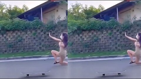 The funny moment of a beautiful woman skating on a skateboard, what kind of operation is this