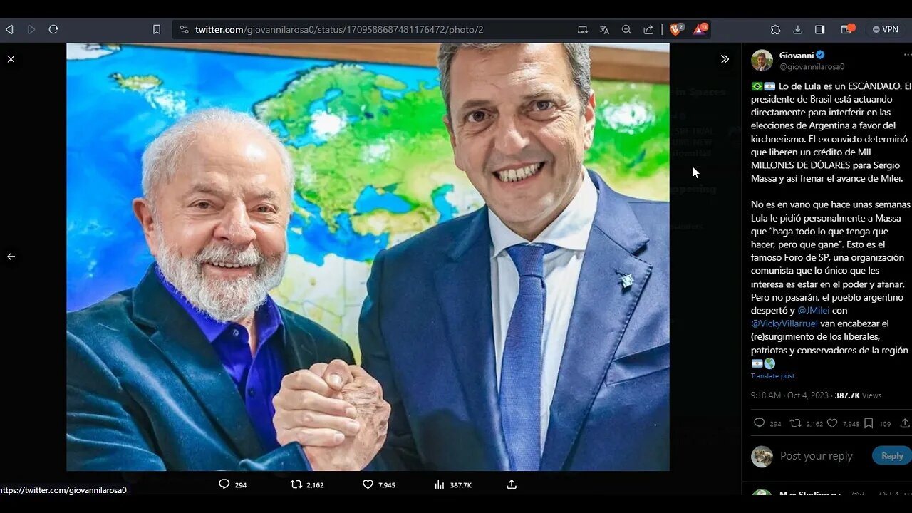 Brazil communist leader financing the socialist party of Argentina to stop Milei from being elected