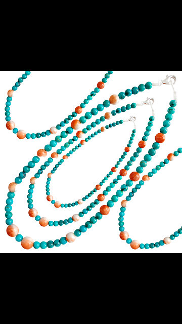 Natural turquoise and Orange spiny oyster roundle beads necklace full strand 16inch01