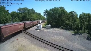 BNSF 7695 "Golden Swoosh" Leading WB CN G845 Empty Grain at Mills Tower on June 27, 2022