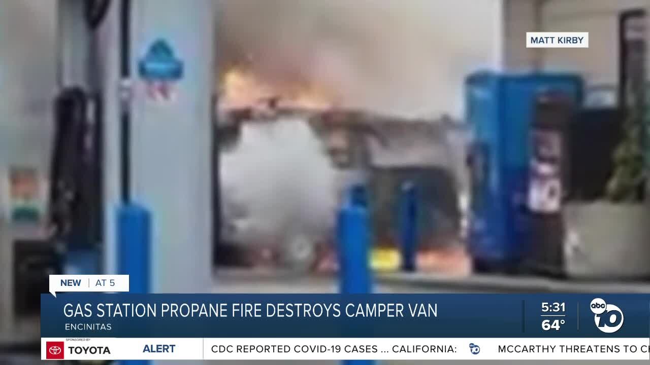 Gas station propane fire destroys campers van