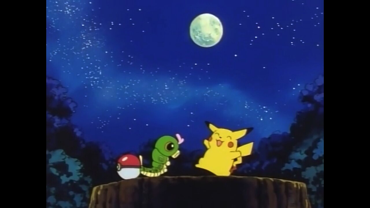 Caterpie chatting with Pikachu under the moon